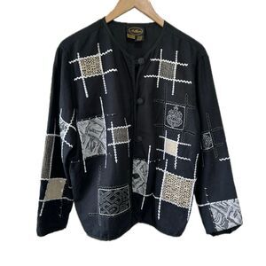 Vintage Allure Asian Inspired Flax Blend Mix Media Patchwork Embroidered Jacket